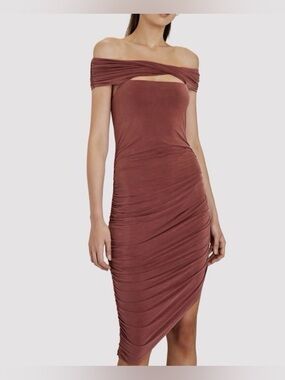 Jonathan Simkhai Standard Divya Off Shoulder Ruched Cupro Dress Elegant - Sz S